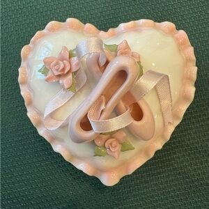 Cosmos Gifts Heart Trinket Box Pink Ballerina Shoes Porcelain EUC